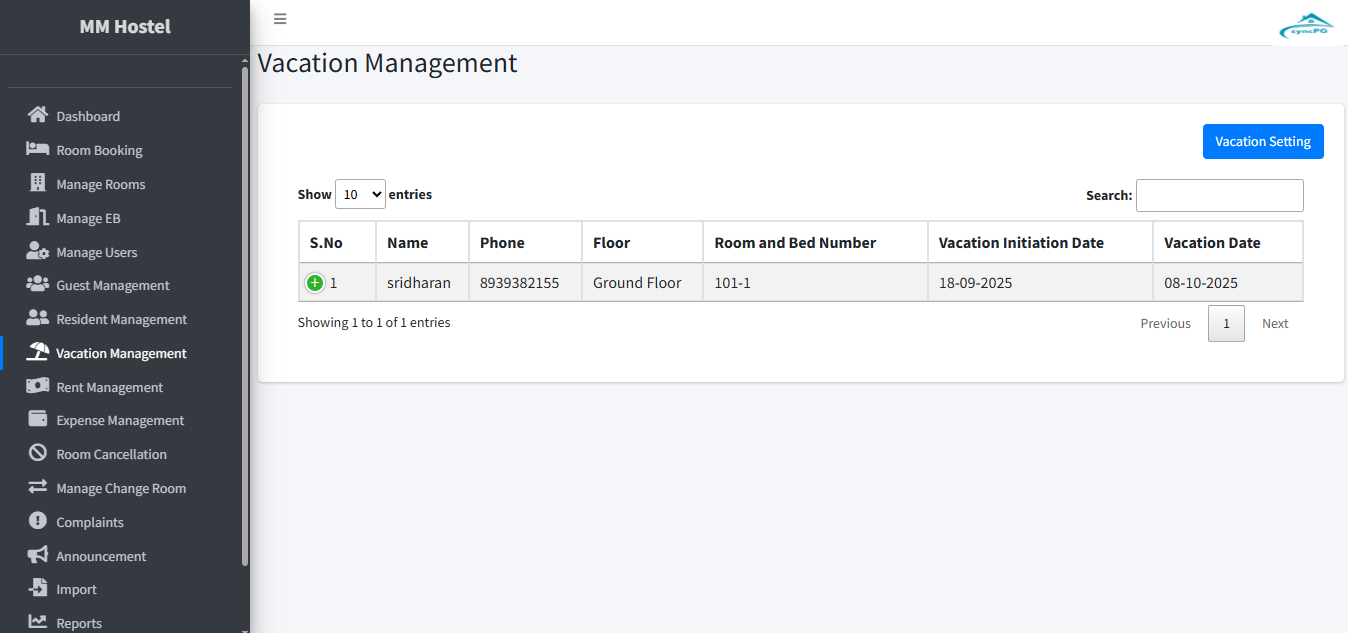 MM Hostel management software vacation management dashboard showing resident 
details, room number, floor, phone, and vacation dates